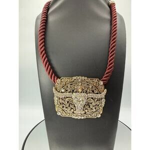 HEIDI DAUS WESTERN LONG HORN Crystal Pin/Brooch & Cord Necklace Set RARE UNIQUE